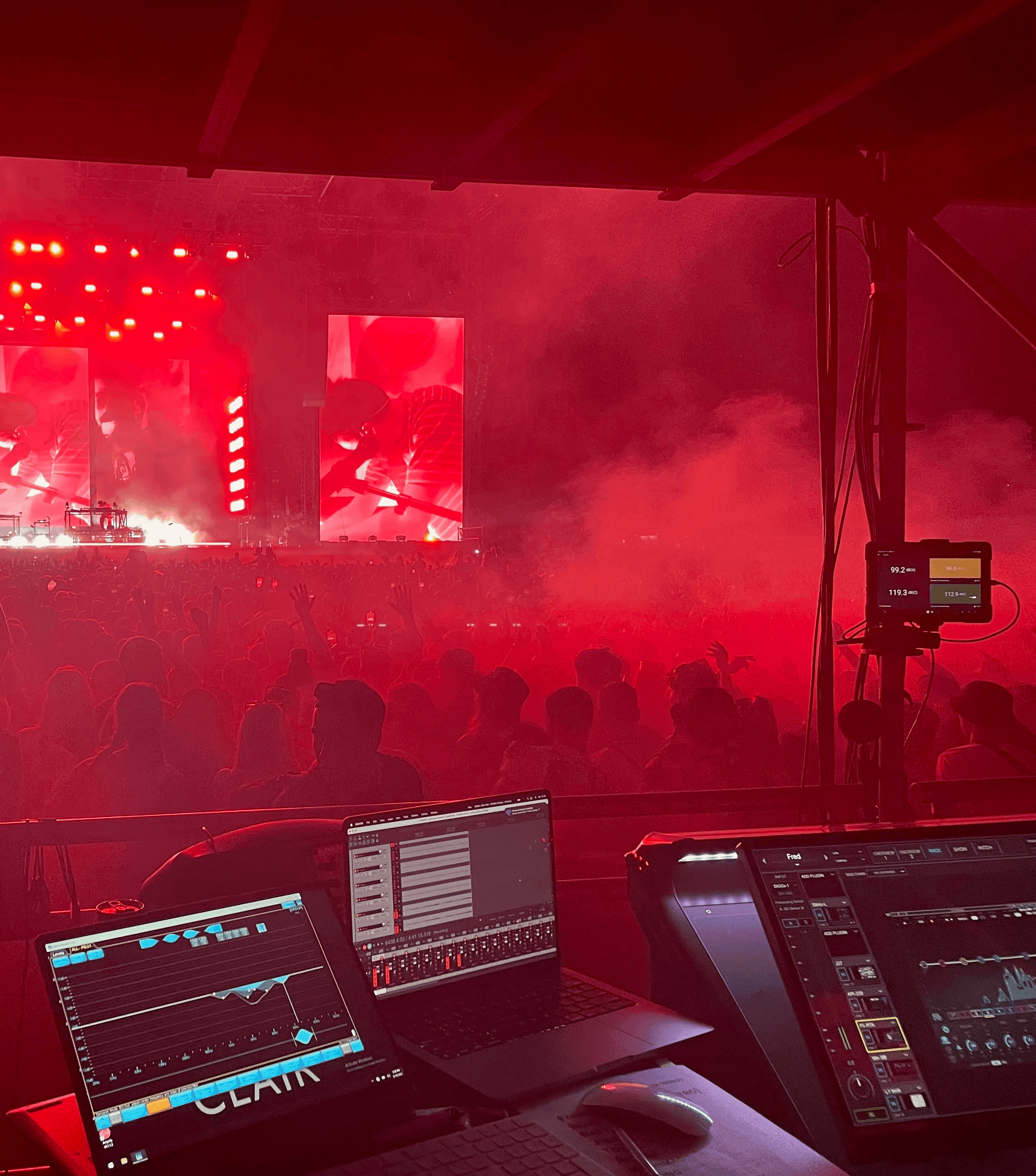 A Noisy monitoring display and sound desk overlooking a Parklife stage